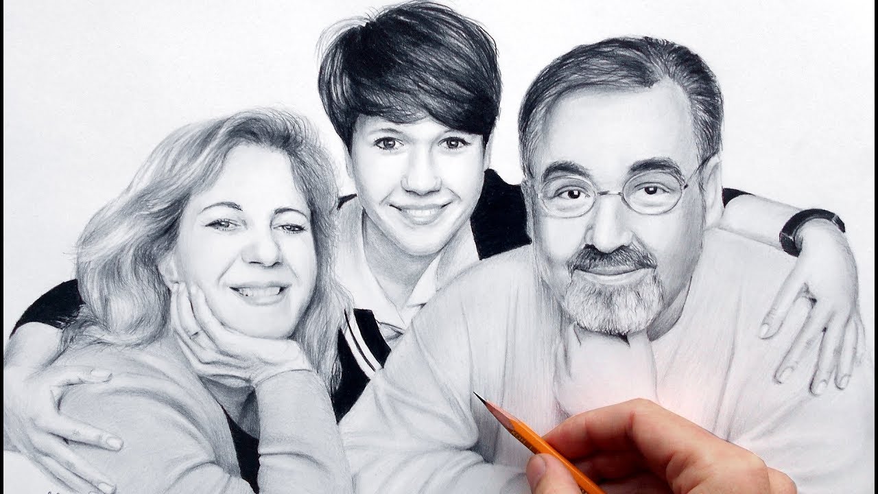 Семейный портрет - реалистичный рисунок карандашом за 4 минуты; )