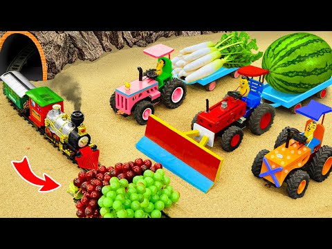 Top diy making mini Bulldozer rescues Train | diy mini Tractor transporting Cocomelon, Grape, Radish