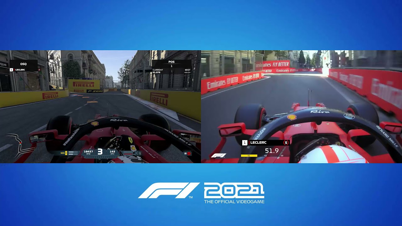 Video F1 2021 Game vs real life comparison of Charles Leclerc 2021 Azerbaijan pole lap