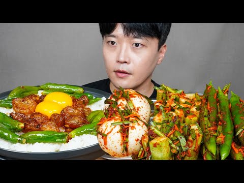 [와차밥] 대창덮밥 오이소박이 고추소박이 양파소박이 김치 먹방 Beef Intestine Bowl & Kimchi ASMR MUKBANG REAL SOUND EATING SHOW