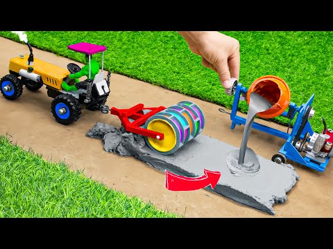 diy mini motor grader machine making road with bricks science project | diy tractor | @sanocreator