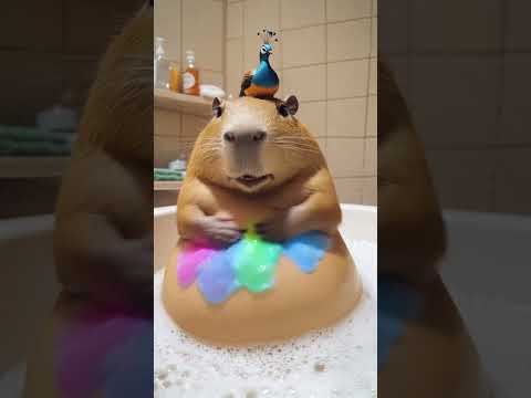 卡皮巴拉洗澡爱揉肚子  capybara loves to rub her stomach while taking a shower #capybara #cute #animals #カピバラさん