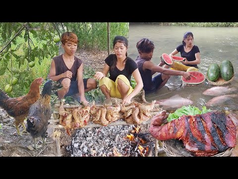 Survival in forest, Catch & cook chicken for food, Catch redfish in river, Fish soup chili for food