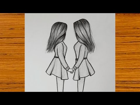 رسم سهل||رسم بنات توئم بطريقة سهلة للمبتدئين||تعلم رسم اختين توئم خطوة بخطوة