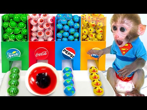 Monkey Baby Bon Bon eat jelly egg and Funny stories with ducklings in the swimming pool