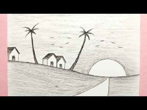 Cara menggambar pemandangan sunset - Pencil drawing landscape