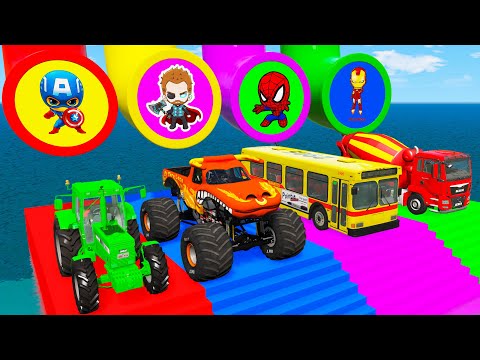 Monster Trucks Potholes Flatbed Long Trailer Truck Car Rescue