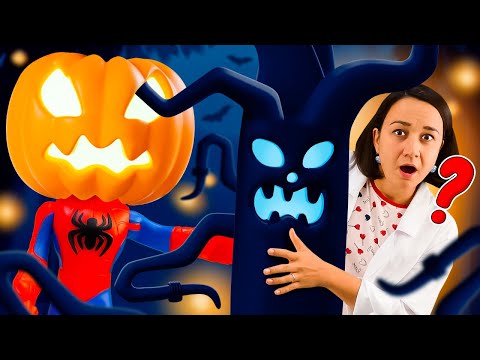 Perché Spiderman giocattolo ha una zucca sulla testa?! Giochi e festa di Halloween per bambini🎃