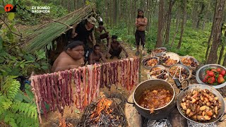 Buff and Pork Dry Meat Sukuti Making in Jungle Building Green House Bushcraft Cooking and Eating