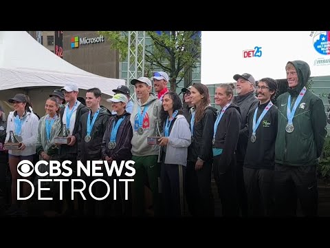 YouTube video thumbnail: Runners Brave Wind and Rain for Detroit Free Press Marathon