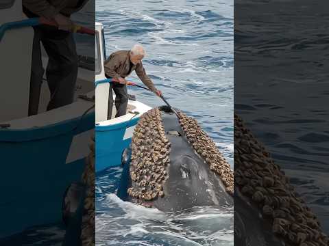 Barnacles are very uncomfortable on whale's skin. Kind old man helps the whale remove the barnacles.
