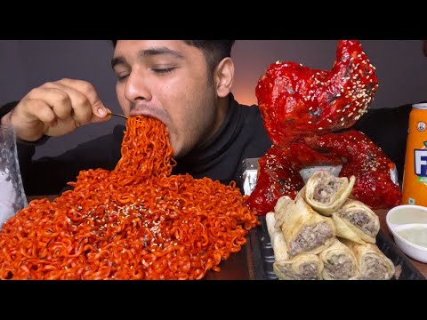 EATING 🥵 SPICY* NOODLES WITH KOREAN FRIED CHICKEN| SHAWARMA | EATING SHOW | FOOD VIDEOS | MUKBANG