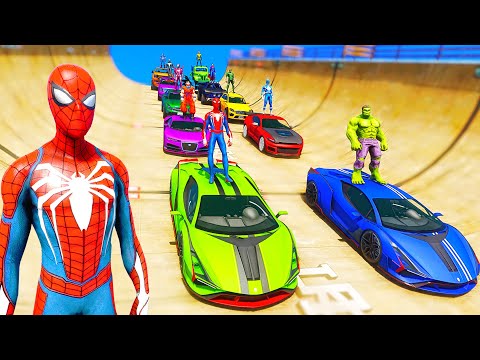 SPIDERMAN CARS RACING Challenge on Supercars With Superheroes GOKU, HULK, Skate Board Ramp - GTA 5