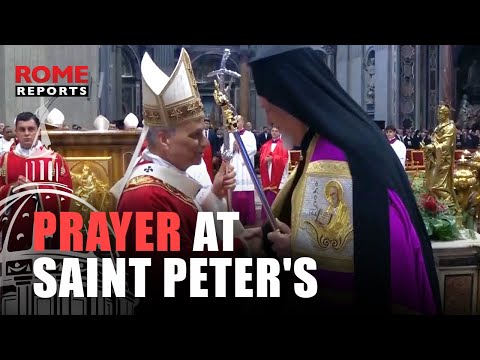 YouTube video thumbnail: Pope Leo and Emmanuel of Chalcedonia Pray Together at the Tomb of Saint Peter.