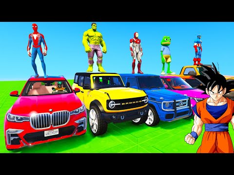 SPIDERMAN CARS Water Slide CITY Ramp Challenge ! SUPERHERO HULK GODZILLA Stunts Racing CAR - GTA V