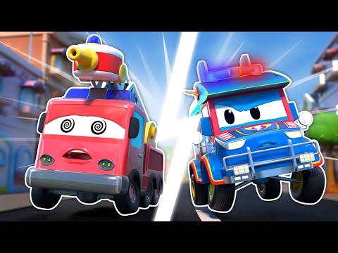 CAMION DE POLICE contre CAMION DE POMPIER ! Qui va gagner? | Véhicules d'urgence pour enfants
