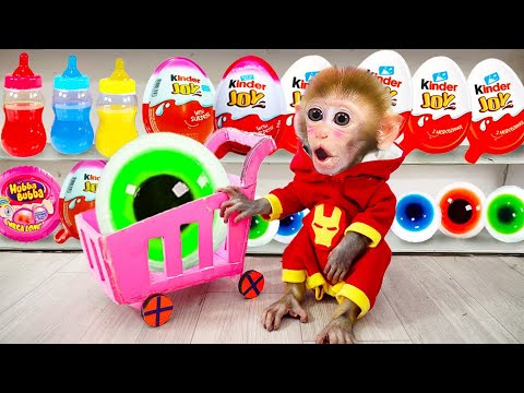 Baby Monkey BiBon go to the supermarket to buy Kinder Joy eggs and trolly eyes