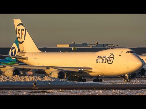 BOEING 747 DEPARTURE during SUNSET with SNOW (4K)