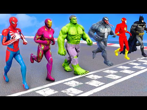 GTA V SPIDERMAN VS SUPERHEROES Running Challenge on Lake Ramp ! SPIDERMAN TEAM Motorbikes Beach Race