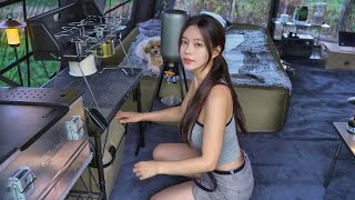호텔 보다 좋은 새로운 대형 에어텐트에서 하룻밤 | 텐트에 키친바 만들어서 고기국수와 오징어볶음 만들어먹기