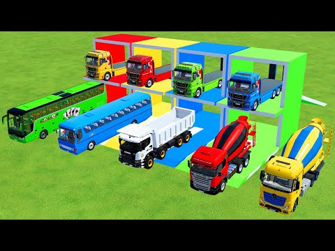 TRANSPORTING MIXER CEMENT TRUCK, DUMP TRUCK, POLICE CAR TO GARAGE WITH MAN TRUCK - FS22