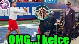 Travis Kelce enters the locker room at MetLife Stadium before Kansas City Chiefs vs Giants game