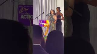 Devyn LaBella presents the Helen Gibson Award to honor Tracy Dashnaw at the Action Icon Awards