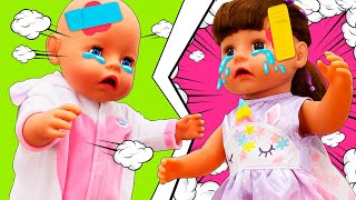 Don't be so greedy! Baby dolls learn to play together and share toys with friends at the dollhouse.