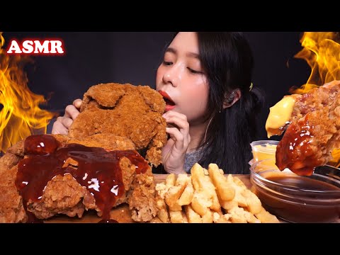 ASMR Spicy Fried Whole Chicken + Extremely SPICY Fire BBQ Sauce, Cheese FRIES 🔥🔥 | Eating Sounds