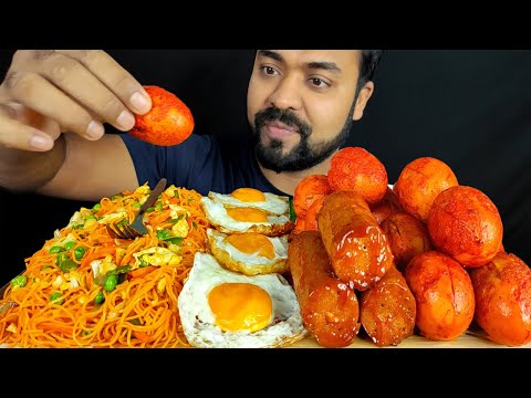 CHICKEN SAUSAGE, SCHEZWAN NOODLES, FRIED EGGS, SUNNY SIDE UP EGG FRY, SAUCE MUKBANG ASMR EATING SHOW