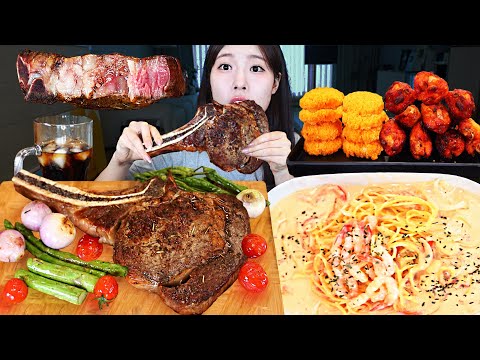 ASMR MUKBANG| 직접 만든 토마호크 스테이크 크림 파스타 양념치킨 감자튀김 먹방 & 레시피 Huge Tomahawk Steak Cream Pasta Eating