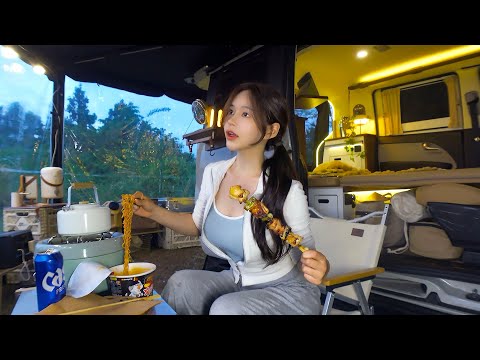 푸른 초원에서 소형 캠핑카로 강아지와 단둘이 차박하기 🚙 | 닭꼬치에 맥주 한 잔 | 망고케이크 만들어서 생일파티하기