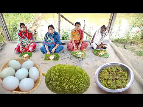 হাঁসের ডিম দিয়ে এঁচোর রান্না সাথে পাঁচমিসেলি সবজি দিয়ে পালংডাটা রেসিপি || duck egg curry