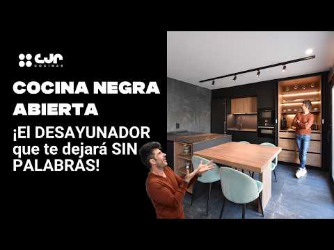 Cocina NEGRA ABIERTA al salon con DESAYUNADOR Escamoteable Cocinas CJR