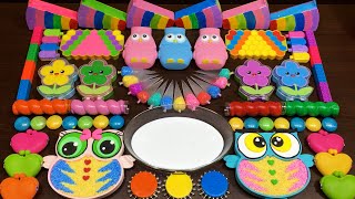 Mixing Cute Clay Owls, Foam & Rainbow Beads Into Glossy Slime #1646