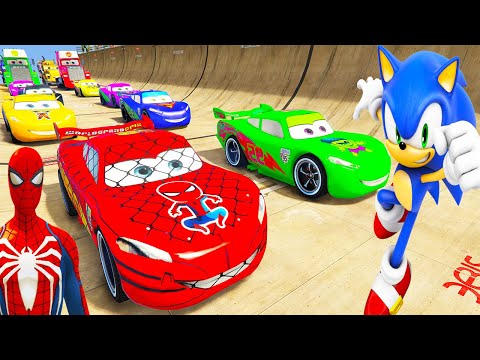 SPIDERMAN McQueen Vs MACK TRUCK on COLOR Skate RAMP Challenge ! SUPERHERO HULK Disney Cars - GTA V