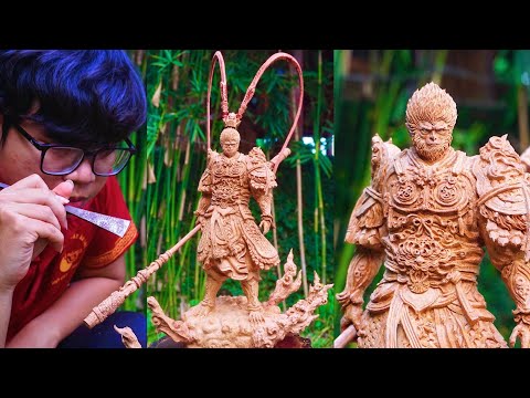 Black Myth Wukong - How i Carved Sun Wukong out of Wood in 15 days by ingeniuos chainsaw skill ASMR