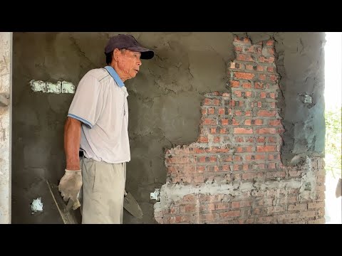 Following 82-year-old grandfather to construction | plastering brick and cement walls in the house
