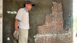 Following 82-year-old grandfather to construction | plastering brick and cement walls in the house