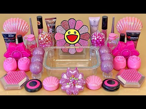 Pink SLIME 🩷 Mixing makeup and glitter into Clear Slime. Satisfying Slime Video.