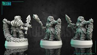 3D print miniatures, female dwarf druid with two weapons