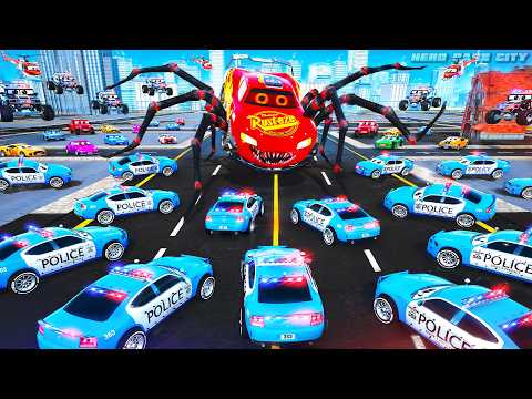 Monster Spider 🕷️ McQueen Wreaks Havoc in Hero Cars City! 🚨 Epic Police Chase & Rescue Operation! 🔥