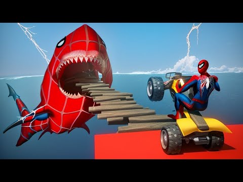 GTA 5 Crazy Ragdolls | Spiderman by Quad Bike On Rainbow Spiders Bridge (Spider Shark Jumps)