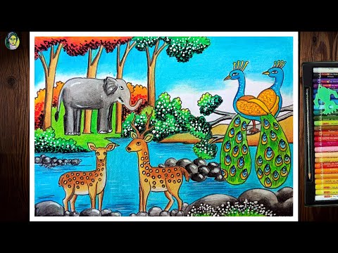 Forest Scenery Drawing Step By Step | Forest Scenery With Wild Animals Drawing | Wildlife Drawing