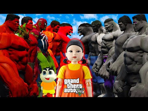 Franklin and Shinchan & Pinchan play HIDE AND KILL with Squid Game Doll And God HULK In GTA 5