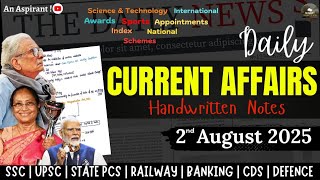 2nd August 2025 || Daily current affairs || Handwritten notes || An Aspirant !