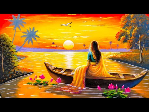 Painting of a sad girl sitting on a boat | sunset scenery drawing | painting 556