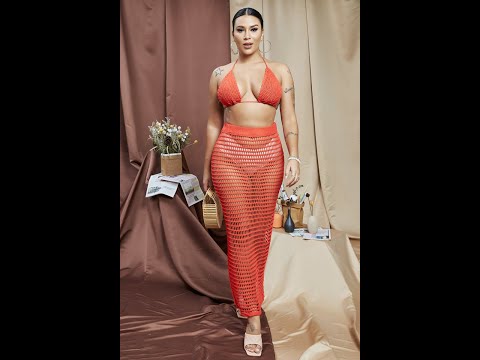 Five colors new style summer hollow out grid see through halter neck crochet two-piece set A49716
