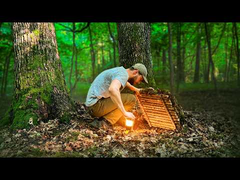 Building a Secret Survival Dugout Between Two Oak Trees. Bushcraft, Survival Shelter