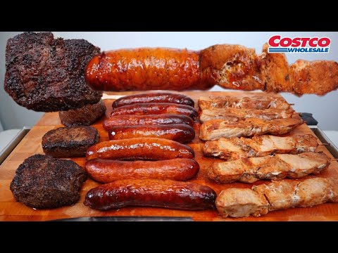 ASMR MUKBANG COSTCO WAGYU TOP SIRLOIN MEDALLION STEAKS, GREEK STYLE SKEWERS & CHILI CHEESE SAUSAGE